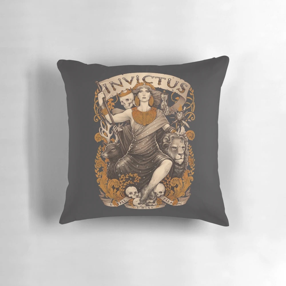 Invictus Pillow featuring a striking design with elements of Greek mythology, strength, and power