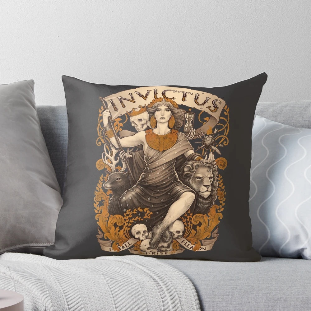 Invictus Pillow featuring a striking design with elements of Greek mythology, strength, and power