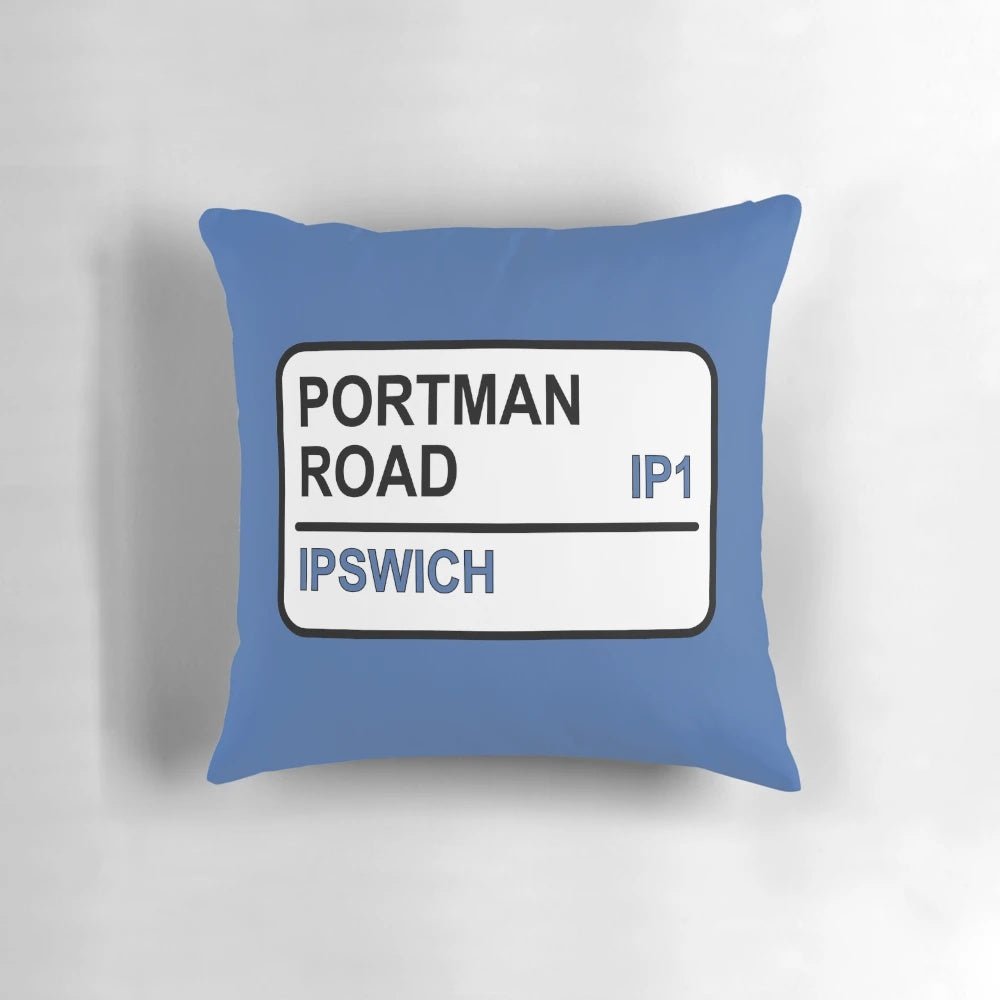 Soft, plush pillow featuring the iconic Portman Road football stadium sign, a must-have for Ipswich football fans.
