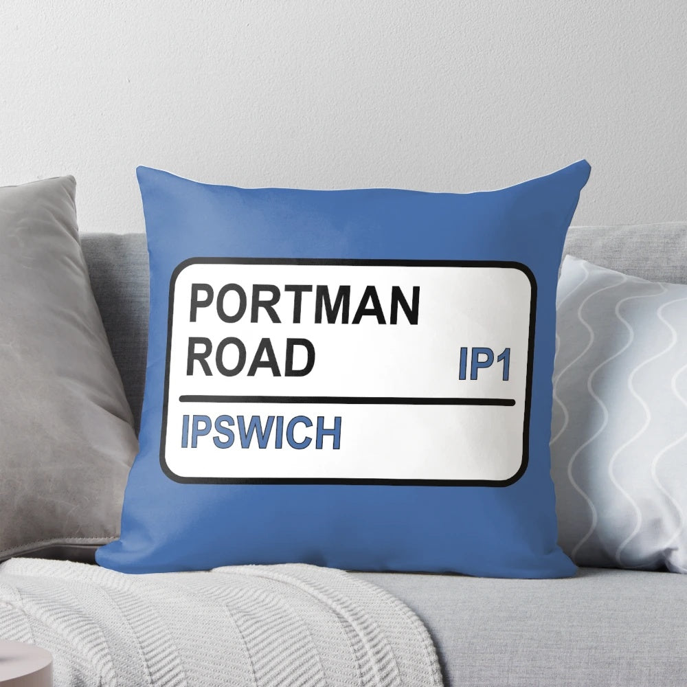 Soft, plush pillow featuring the iconic Portman Road football stadium sign, a must-have for Ipswich football fans.