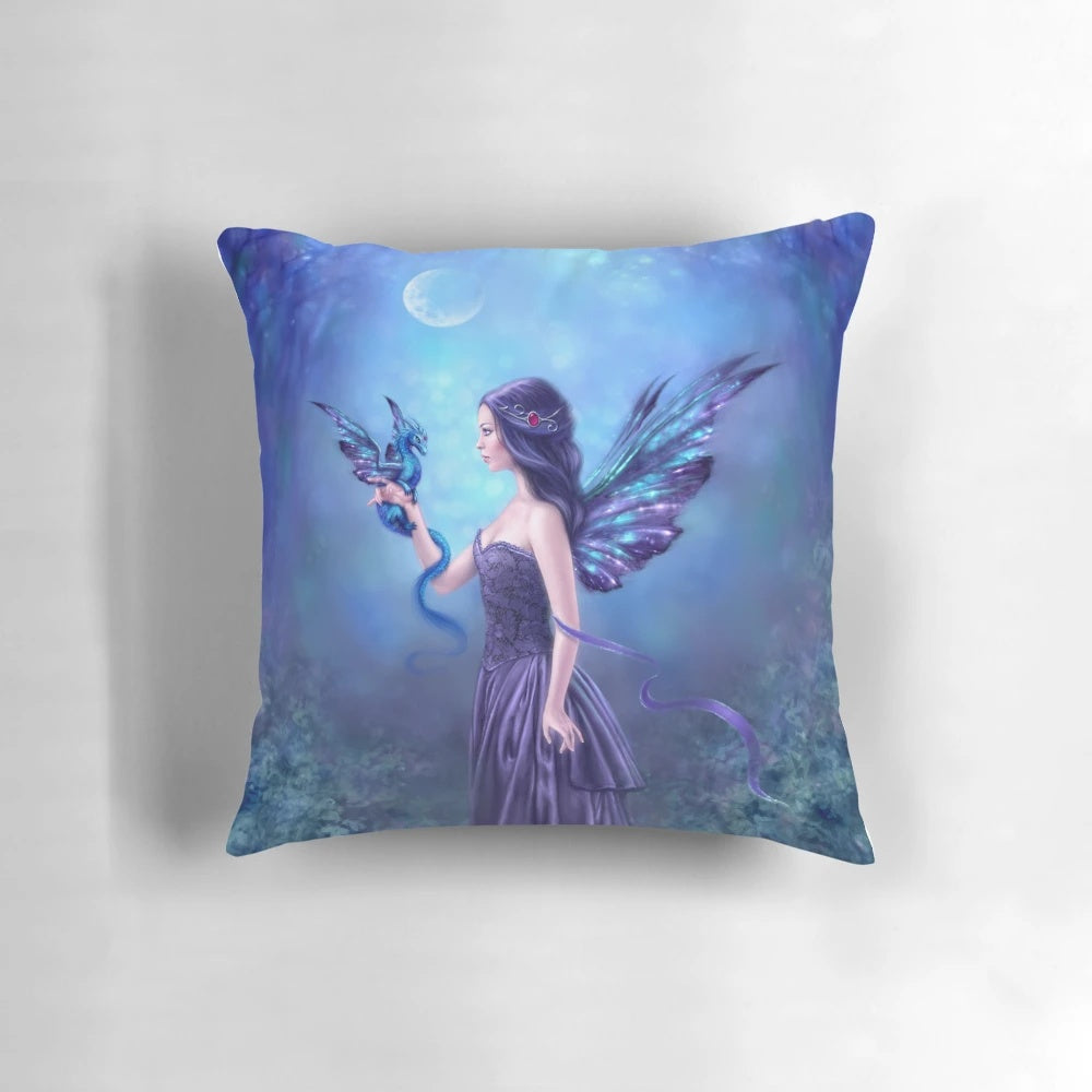 Colorful and whimsical iridescent fairy and dragon throw pillow featuring a magical moonlit forest scene.