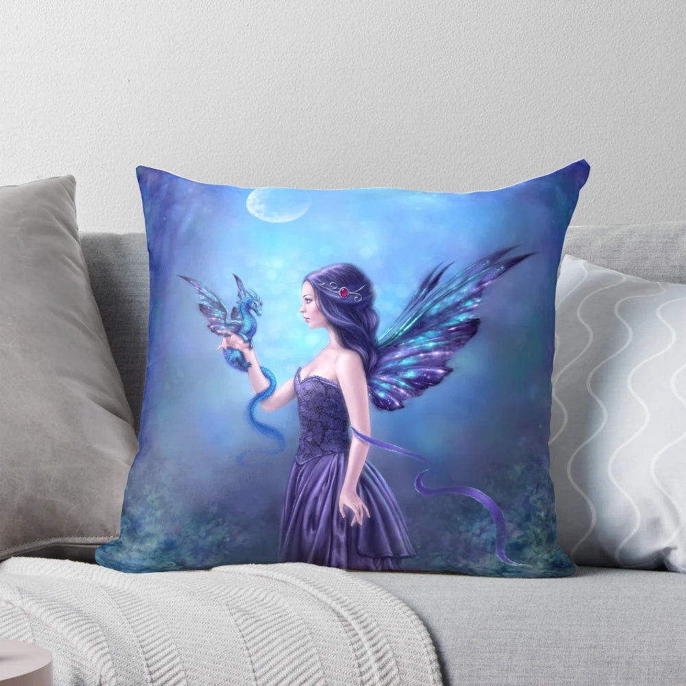 Colorful and whimsical iridescent fairy and dragon throw pillow featuring a magical moonlit forest scene.