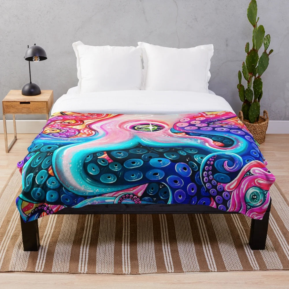 Colorful and mesmerizing glittery plush blanket featuring a vibrant octopus design
