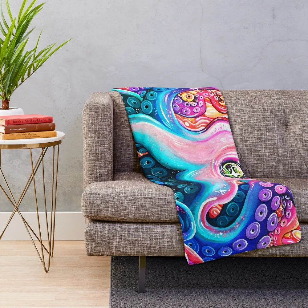 Colorful and mesmerizing glittery plush blanket featuring a vibrant octopus design
