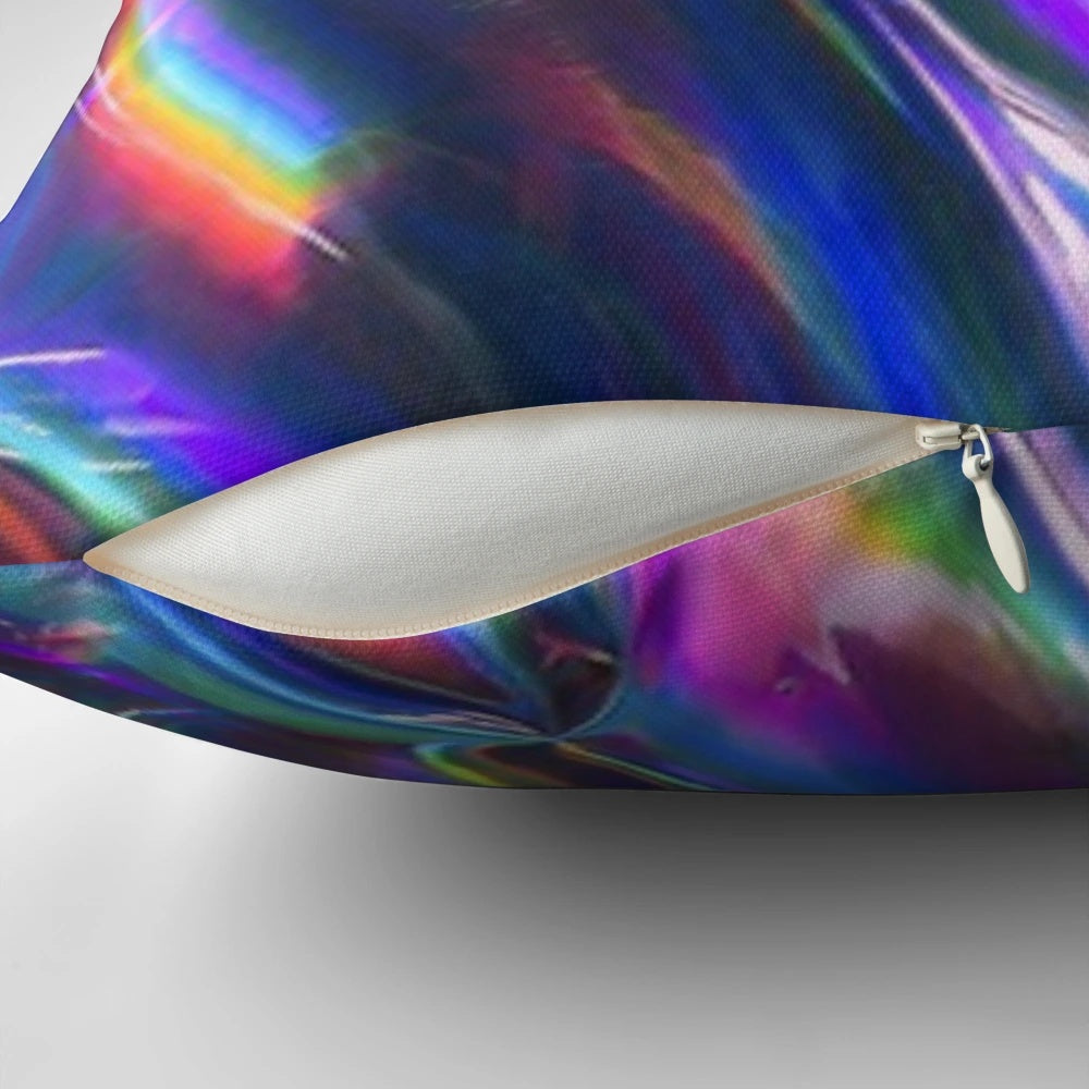 Holographic material pillow with a shimmering, rainbow-like texture