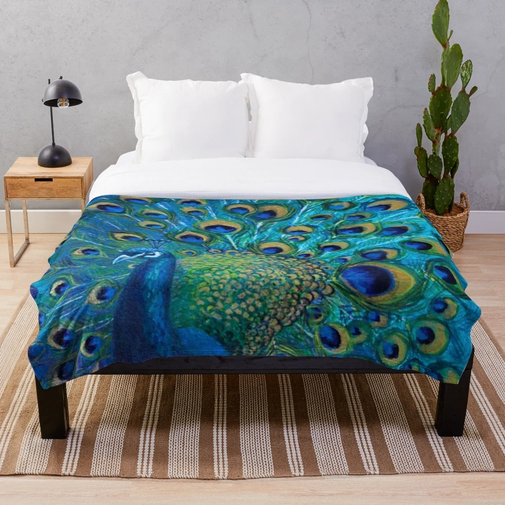 Iridescent peacock feather plush blanket