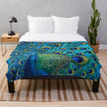 Iridescent peacock feather plush blanket