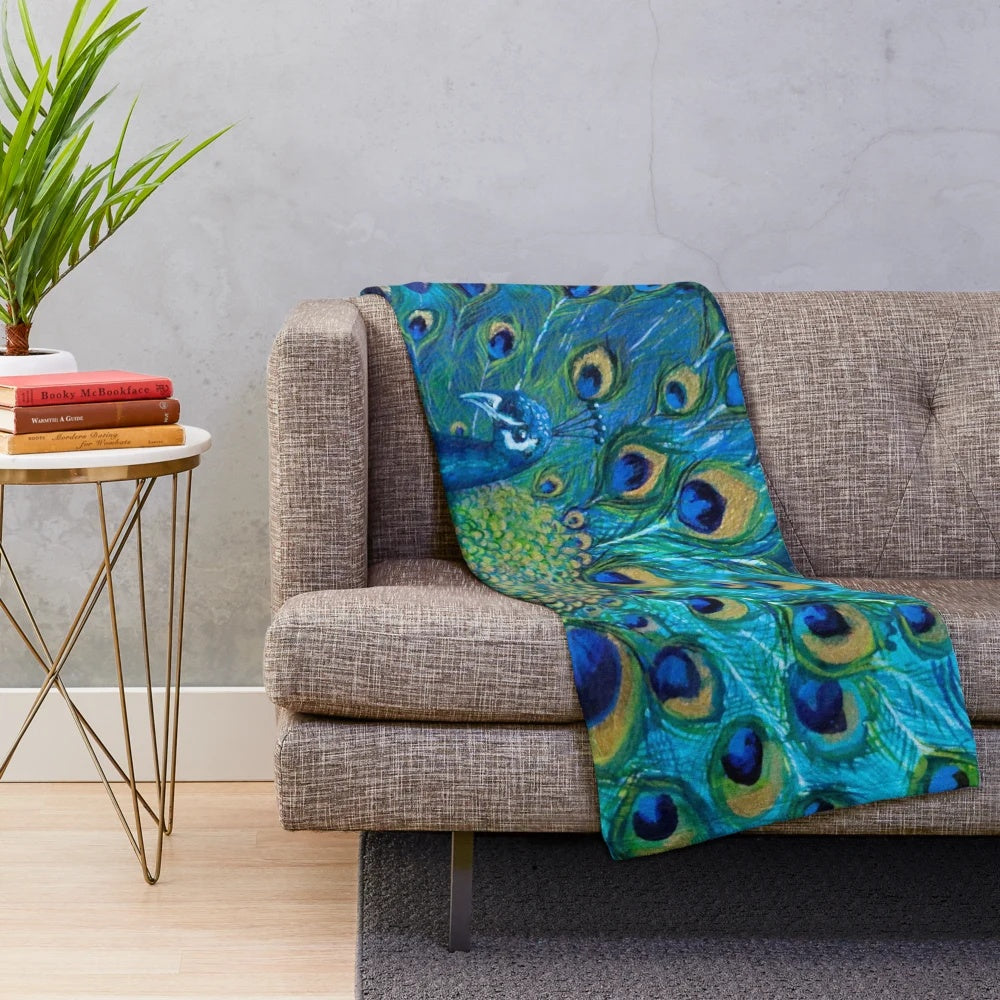 Iridescent peacock feather plush blanket