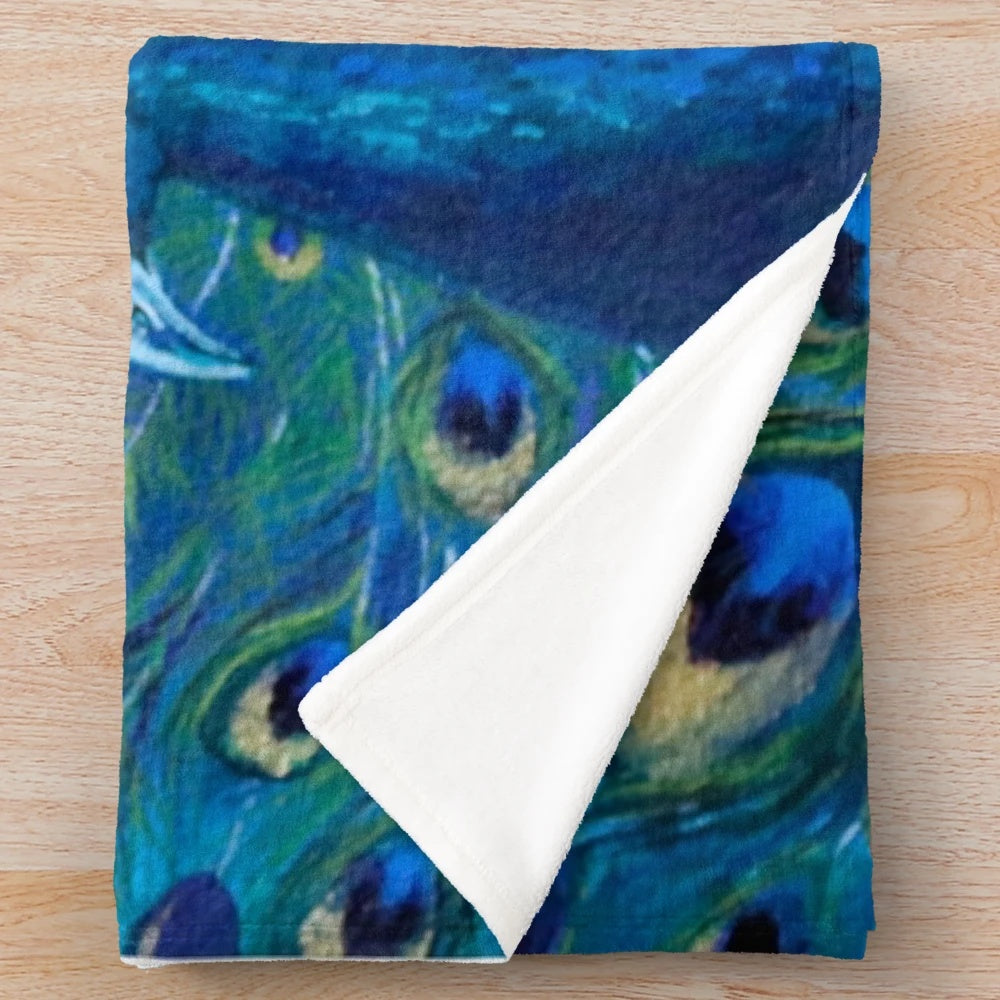 Iridescent peacock feather plush blanket