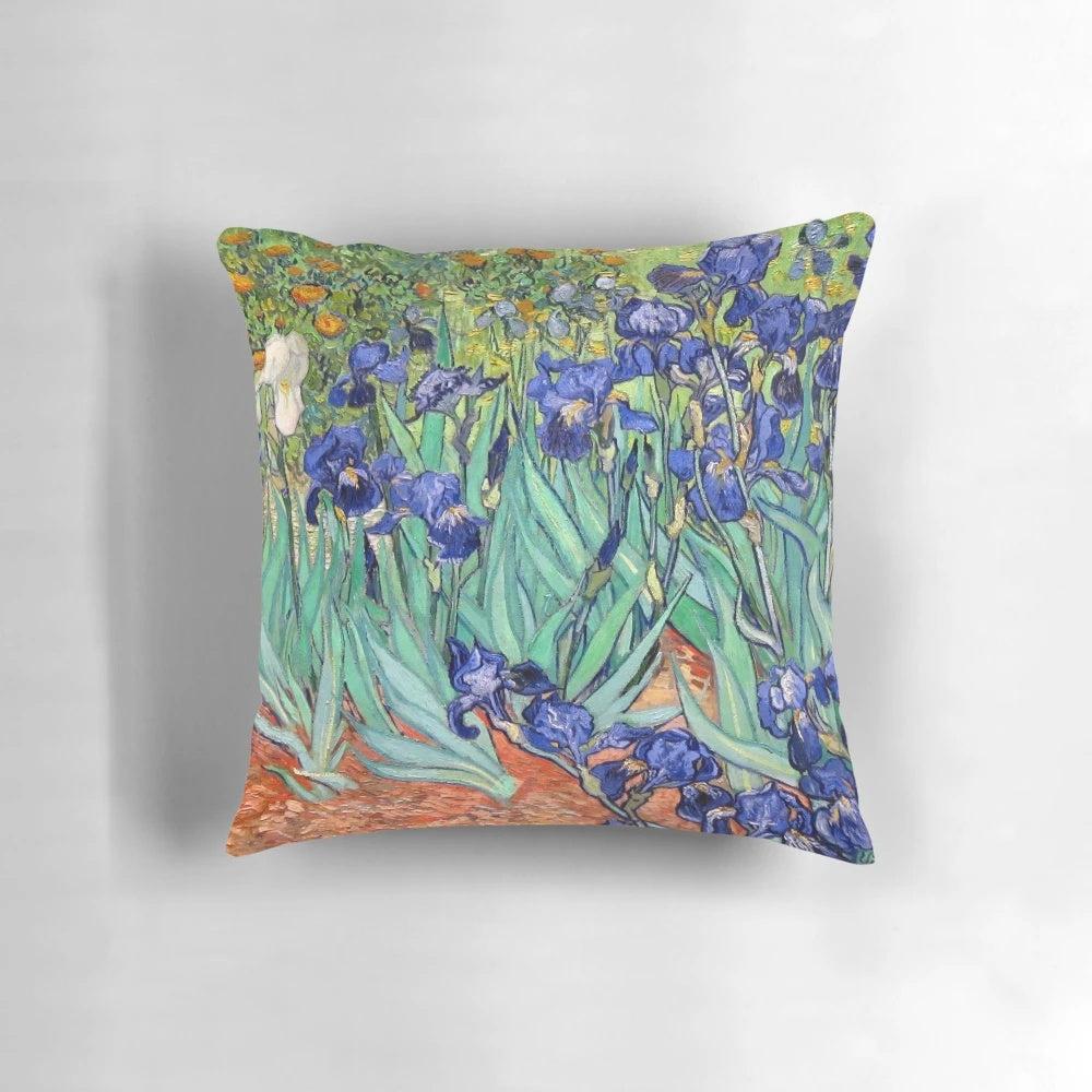 Throw pillow featuring the iconic Irises painting by the Dutch Impressionist artist Vincent van Gogh