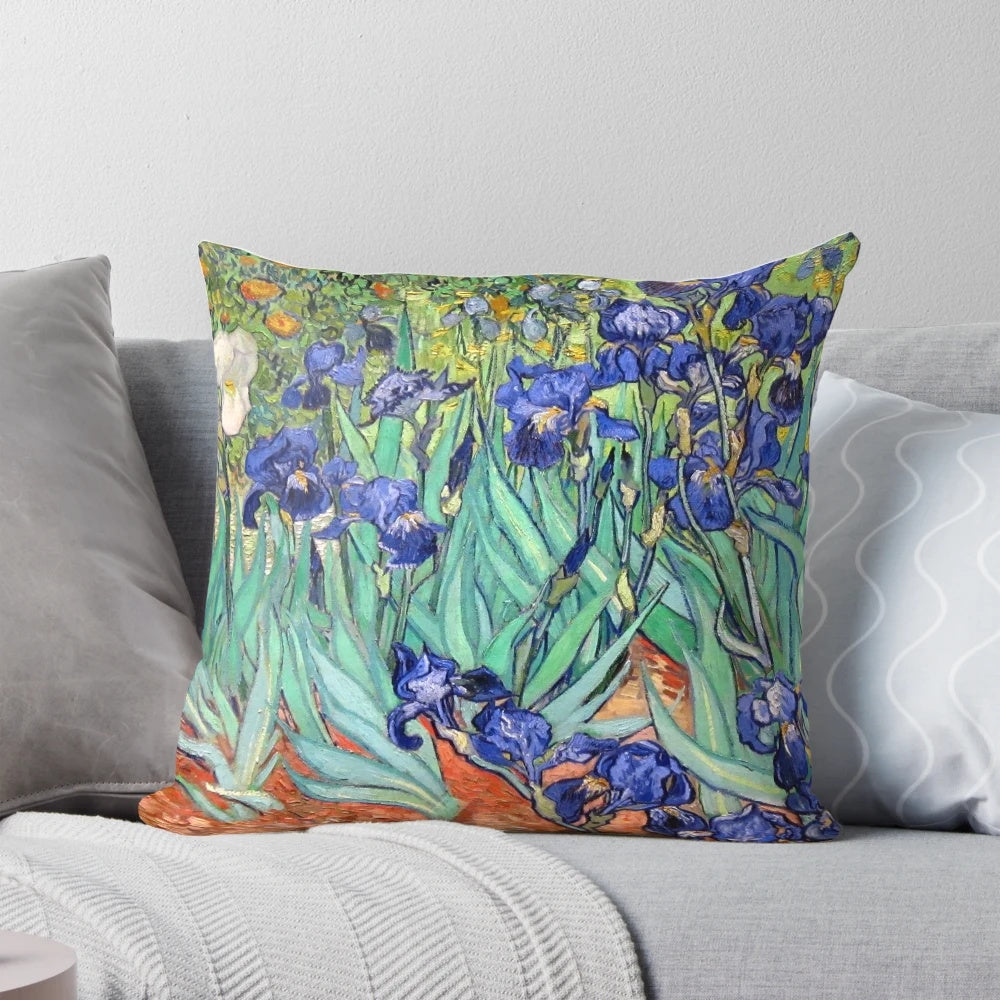Throw pillow featuring the iconic Irises painting by the Dutch Impressionist artist Vincent van Gogh