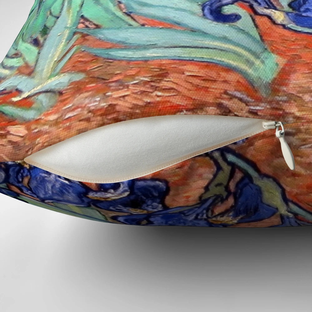Throw pillow featuring the iconic Irises painting by the Dutch Impressionist artist Vincent van Gogh