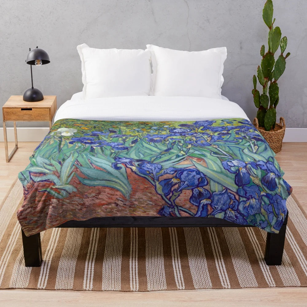 Irises Plush Blanket Featuring Van Gogh's Iconic Floral Artwork