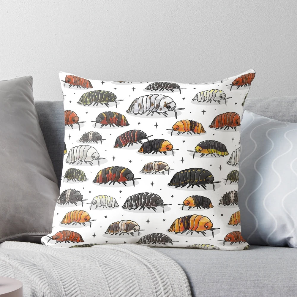 Isopod throw pillow featuring a cute roly poly or pill bug design