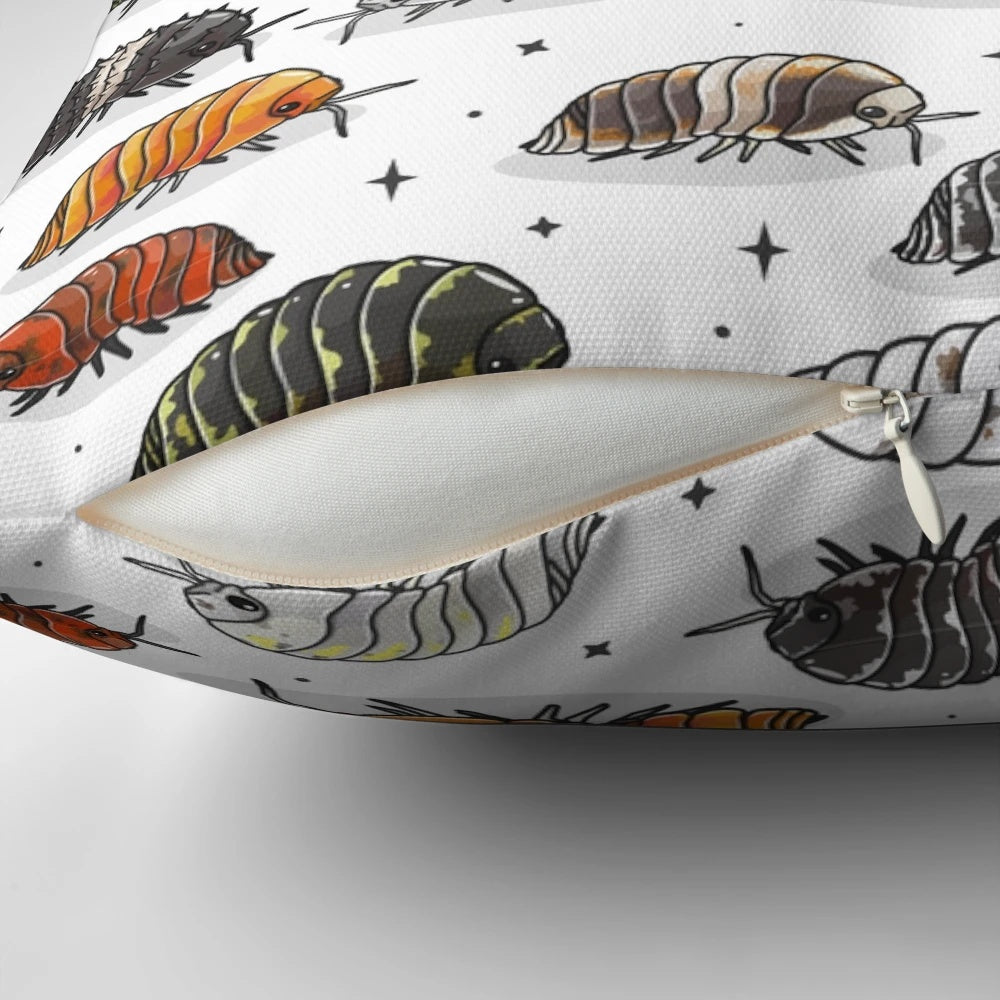 Isopod throw pillow featuring a cute roly poly or pill bug design