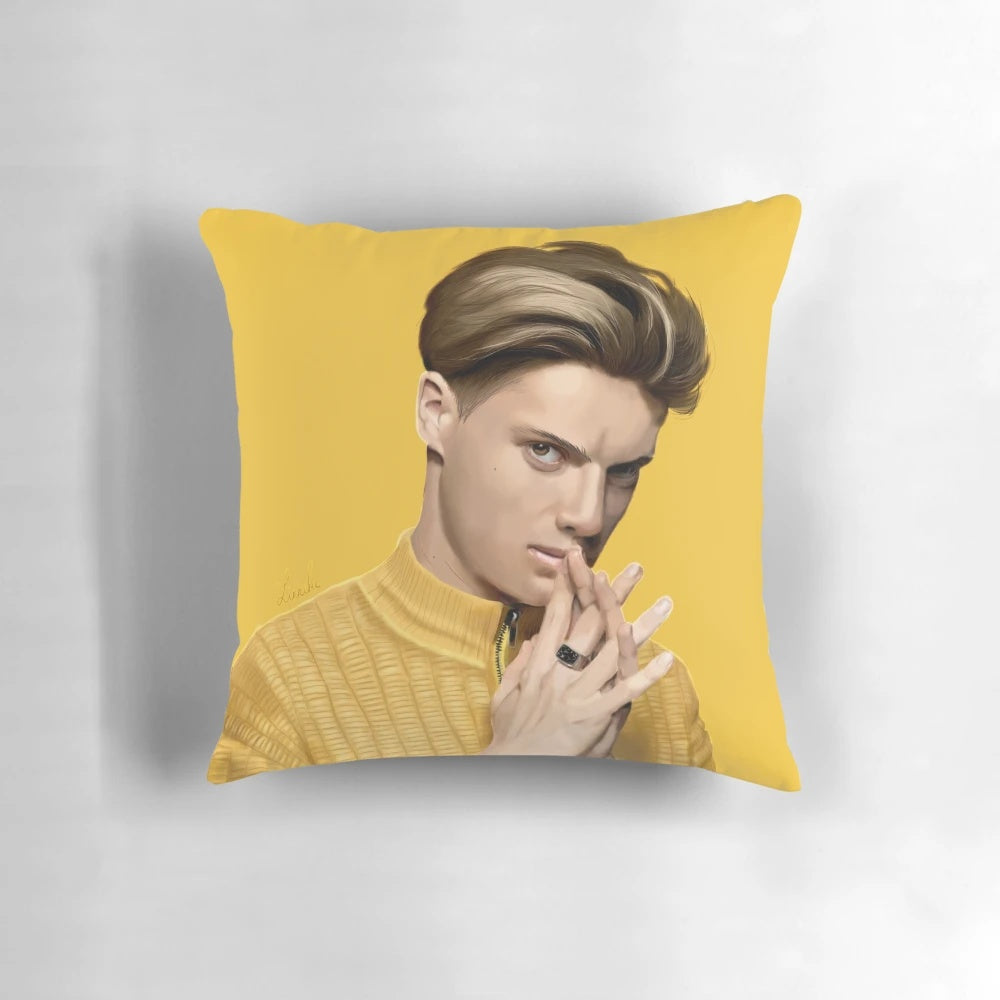 Realistic digital illustration of actor Jace Norman as the character Vulkan on a magazine cover style pillow.