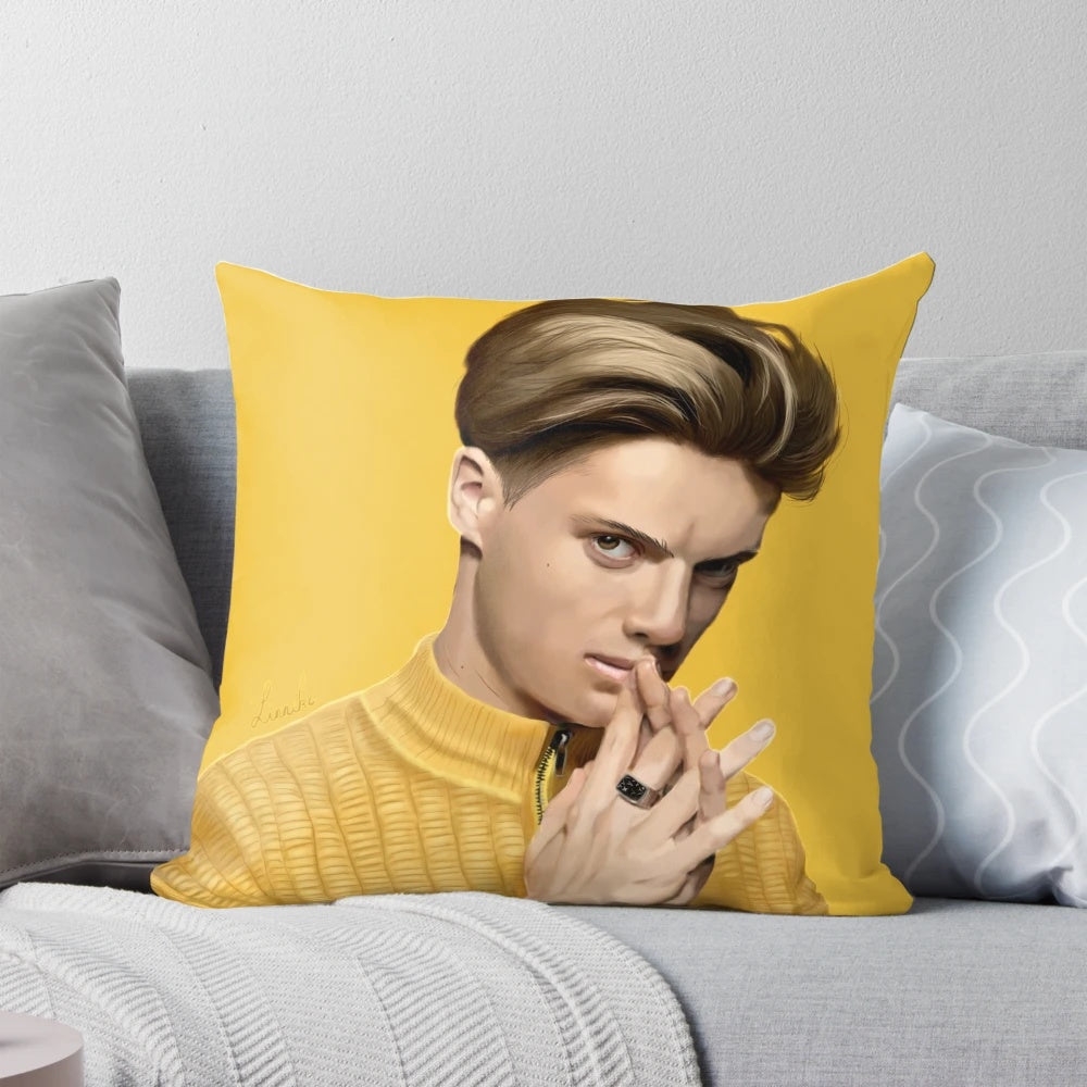 Realistic digital illustration of actor Jace Norman as the character Vulkan on a magazine cover style pillow.