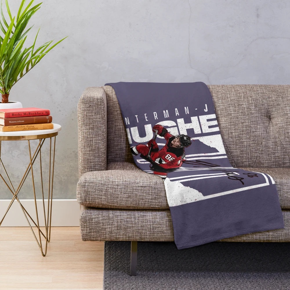 Jack Hughes hockey themed plush blanket with sweatshirt design