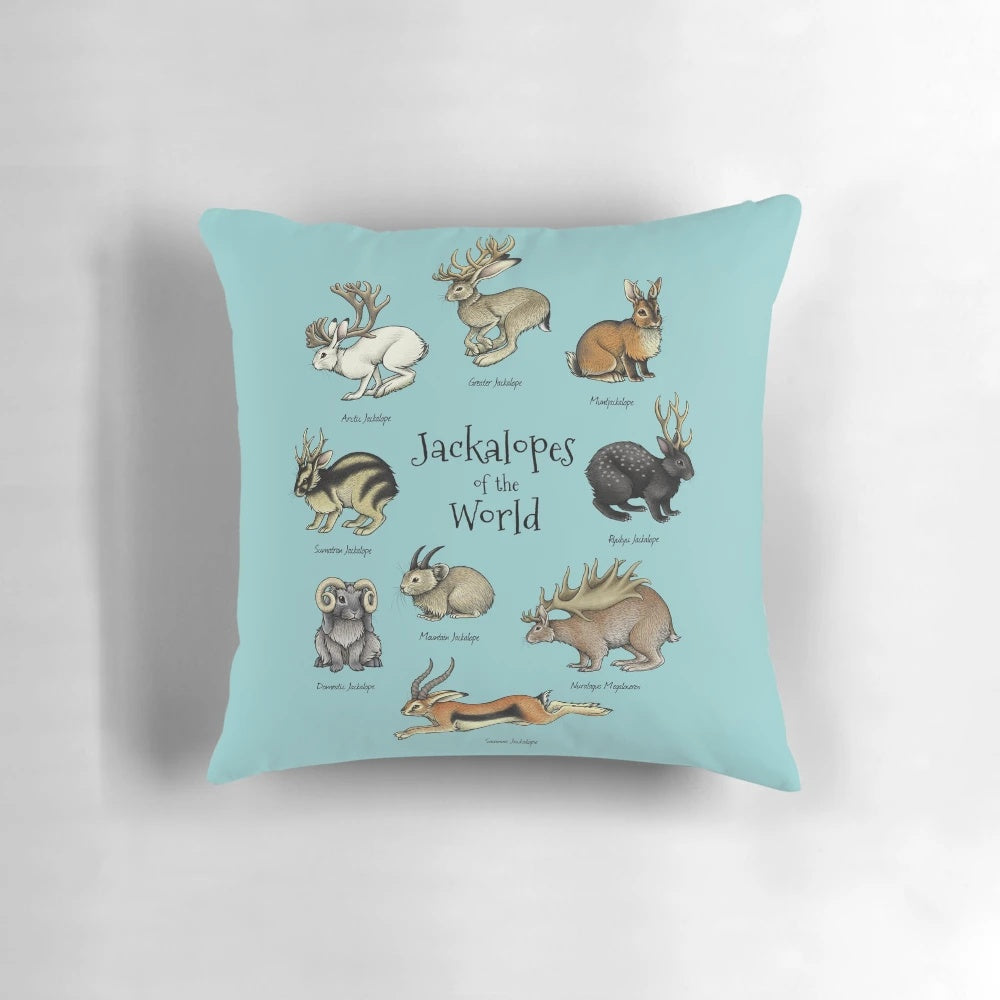 Decorative pillow featuring a jackalope, a mythological rabbit-deer hybrid creature from folklore.