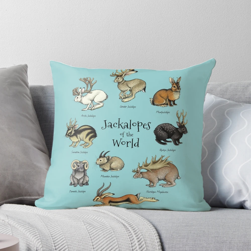 Decorative pillow featuring a jackalope, a mythological rabbit-deer hybrid creature from folklore.