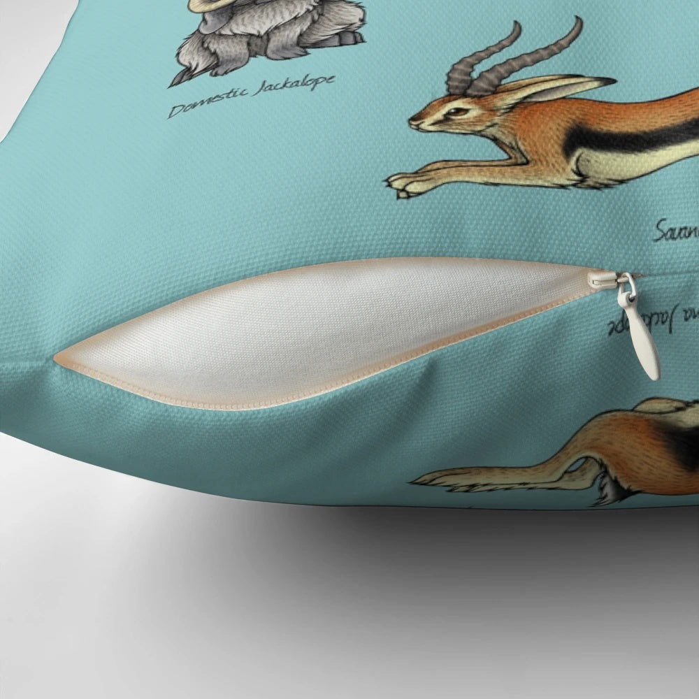 Decorative pillow featuring a jackalope, a mythological rabbit-deer hybrid creature from folklore.