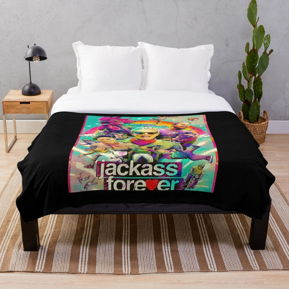 Plush blanket featuring Jackass stunts and video game inspired design