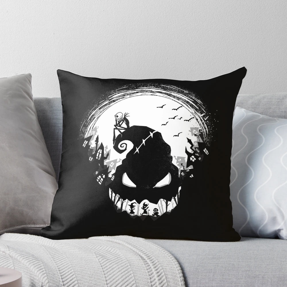 Jack Skellington, the Pumpkin King, featured on a cozy Halloween pillow