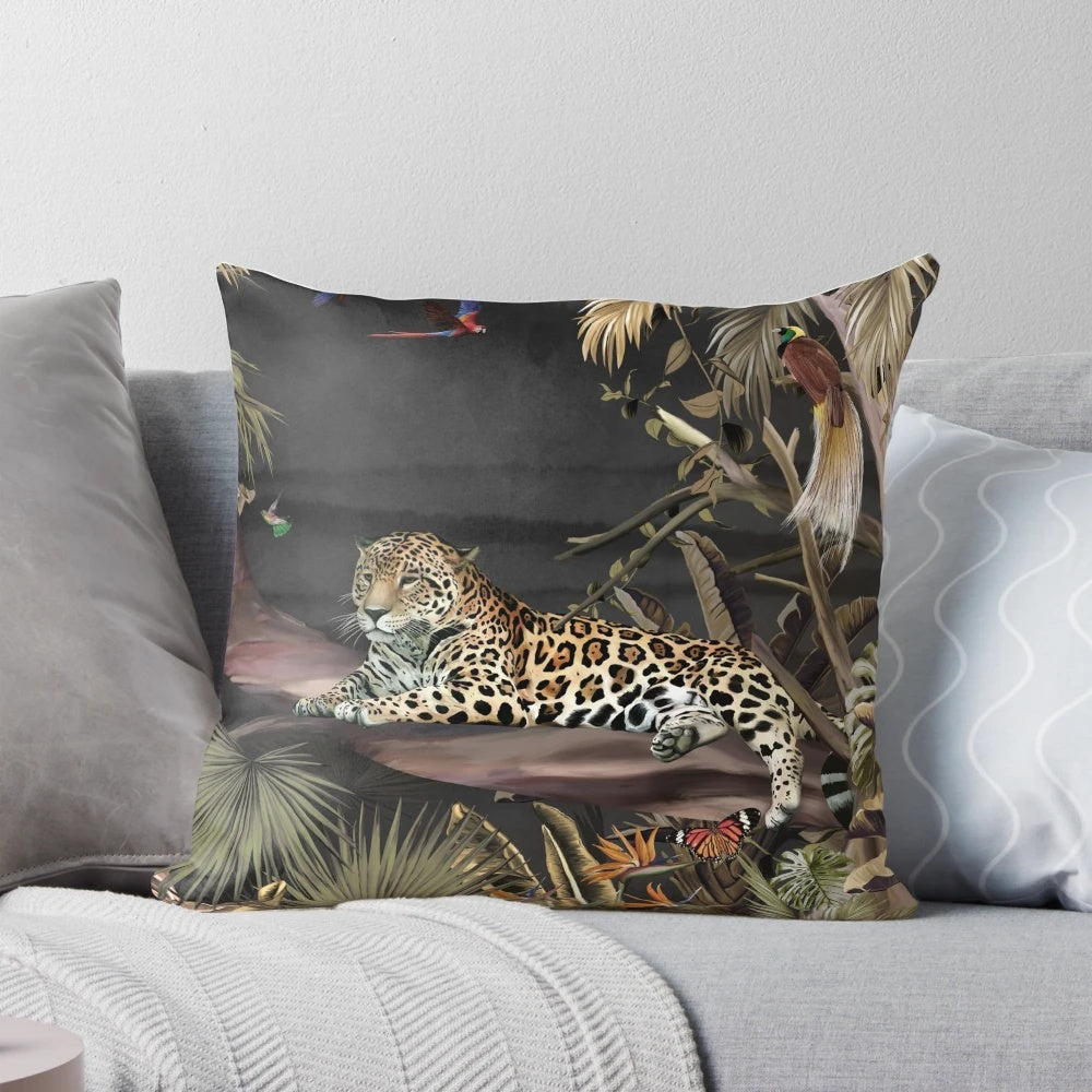 Jaguar animal in a tropical forest background pattern on a pillow