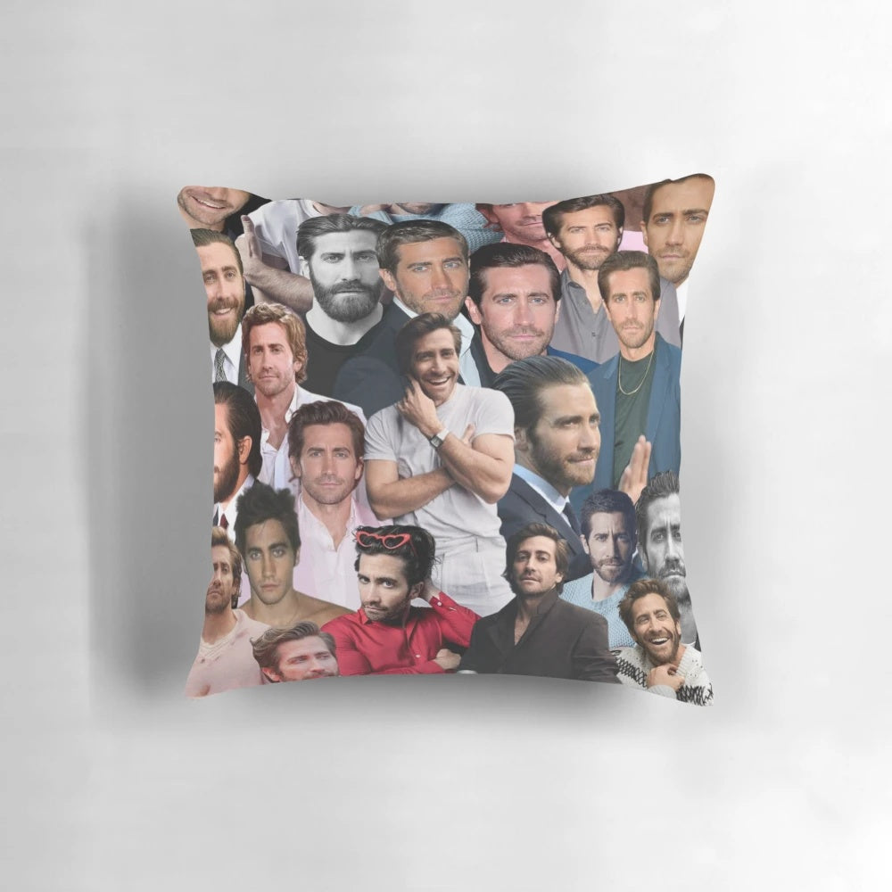 A vibrant photo collage of actor Jake Gyllenhaal printed on a soft, plush pillow.
