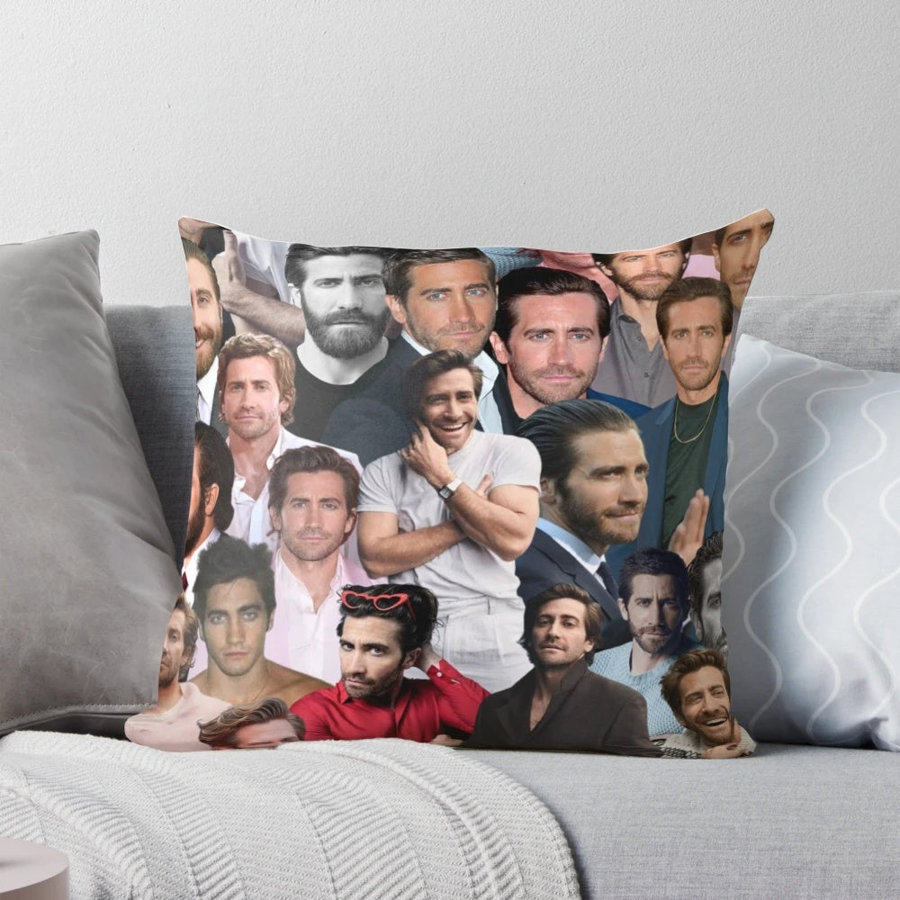 A vibrant photo collage of actor Jake Gyllenhaal printed on a soft, plush pillow.