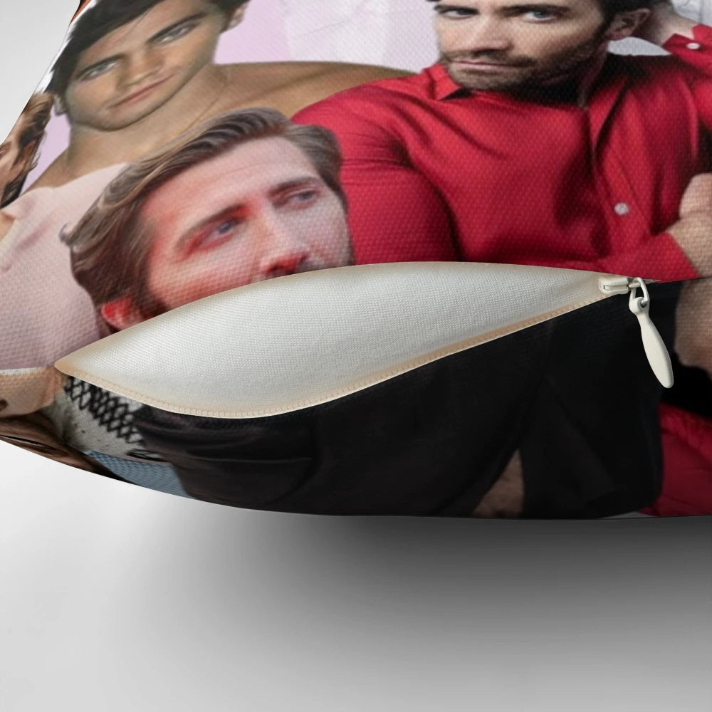 A vibrant photo collage of actor Jake Gyllenhaal printed on a soft, plush pillow.