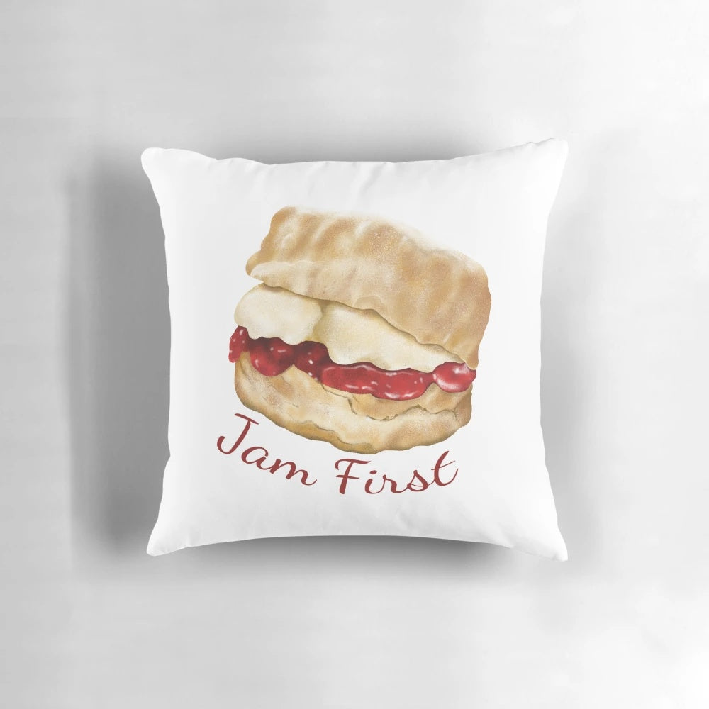 Jam First Scone Pillow, a cozy and delightful home accessory featuring a classic Cornish cream tea scone design.