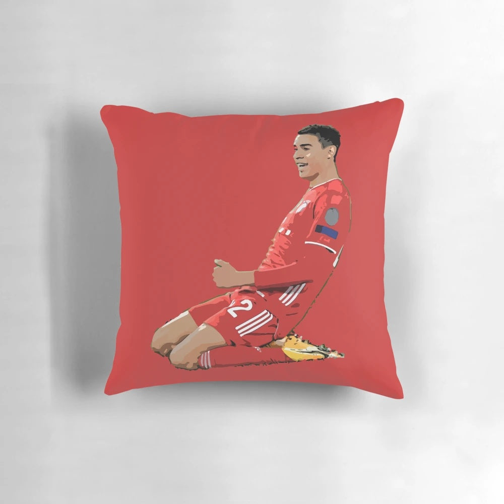 Jamal Musiala, a talented German football player from Bayern Munich, featured on a high-quality pillow.