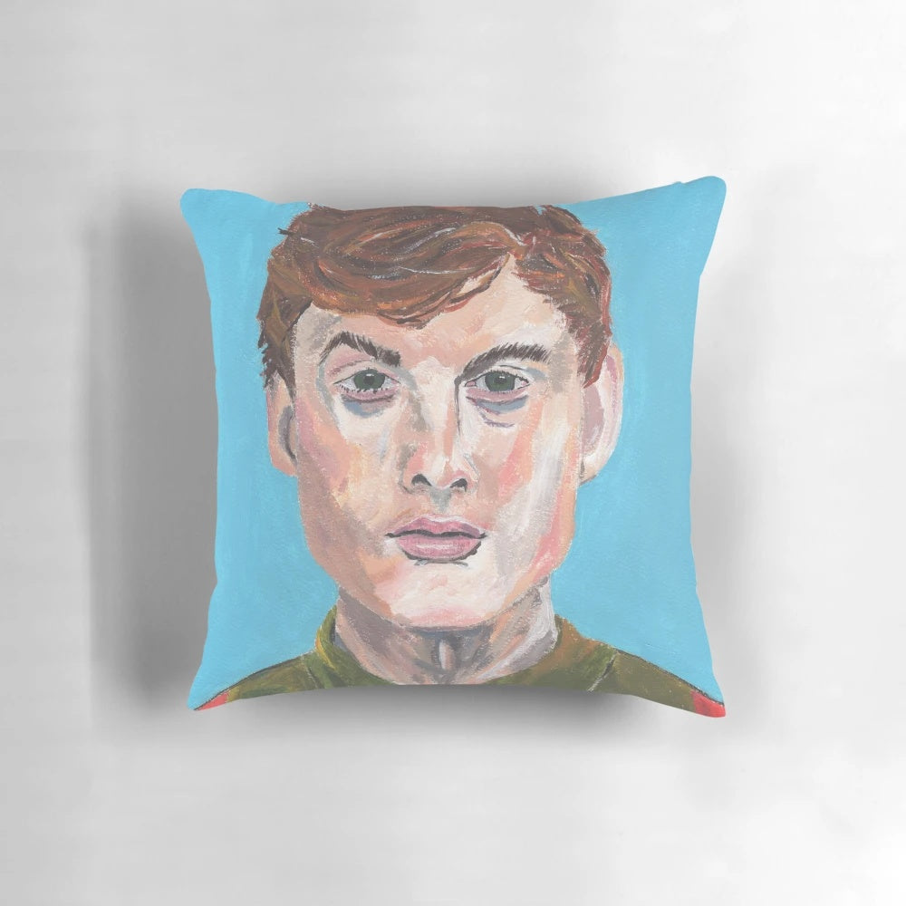 Vibrant acrylic portrait of comedian James Acaster printed on a soft, comfortable pillow.