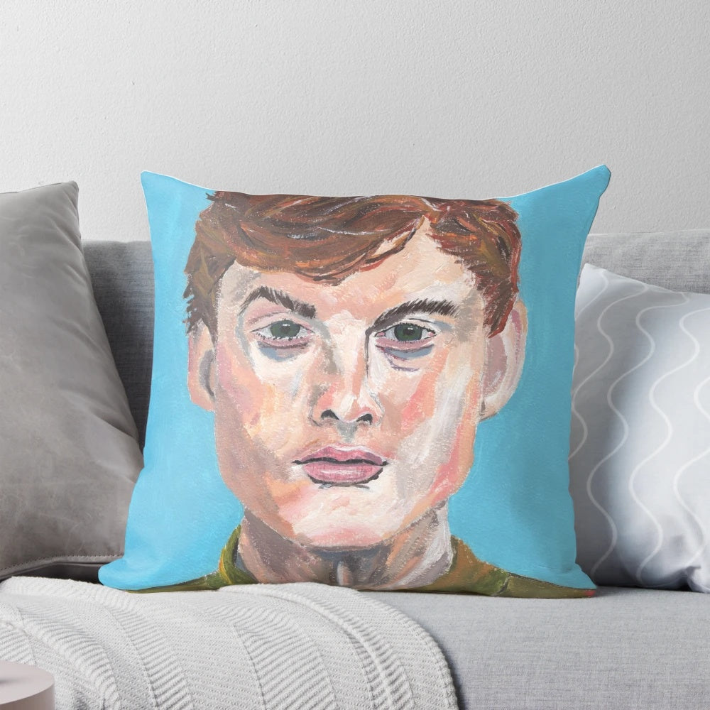 Vibrant acrylic portrait of comedian James Acaster printed on a soft, comfortable pillow.