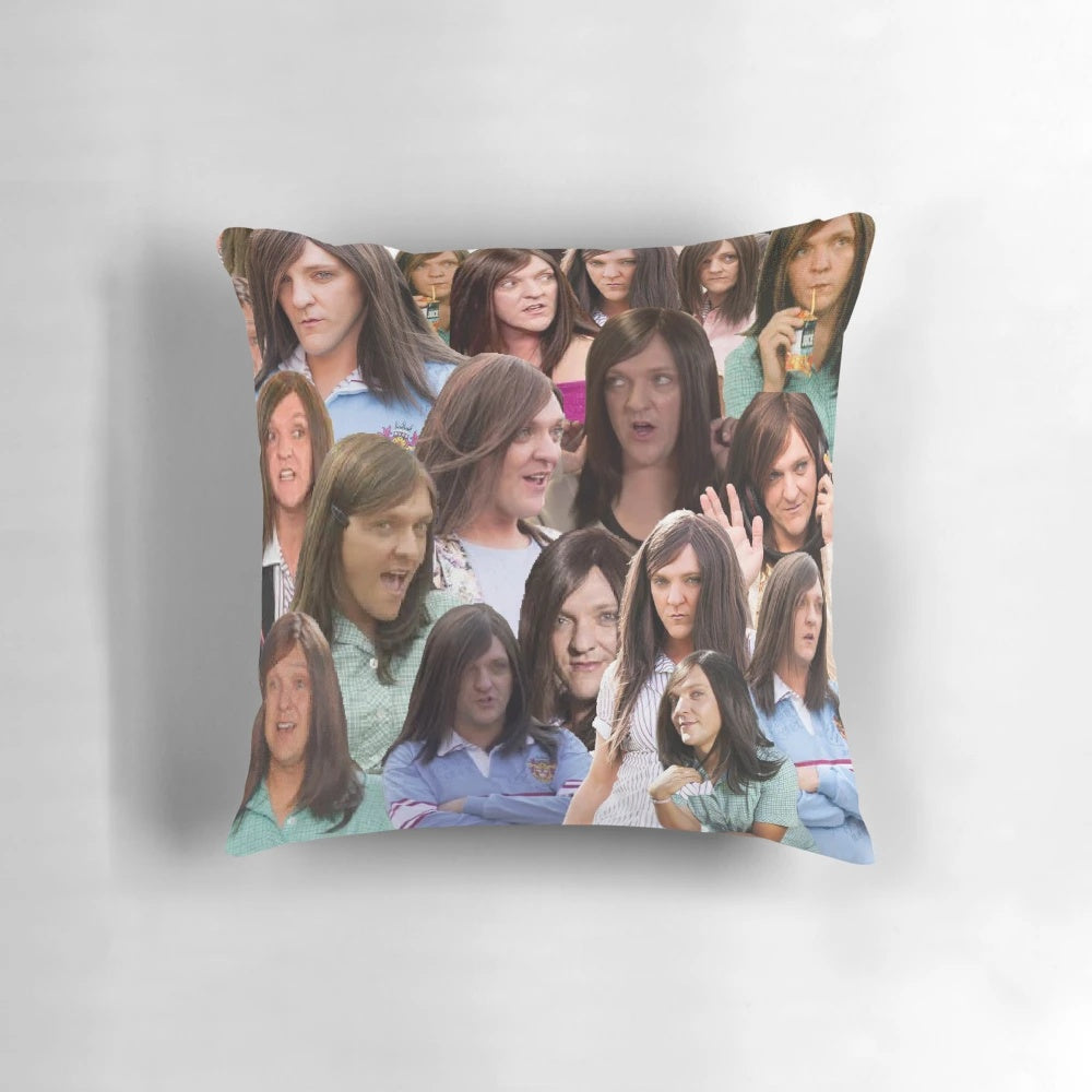 Collage pillow featuring characters from the Australian comedy shows Ja'mie Private School Girls and Summer Heights High.