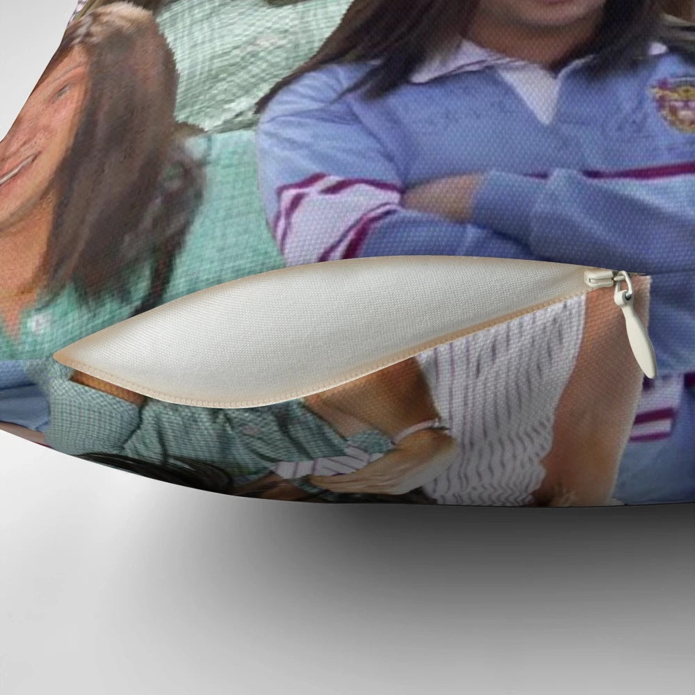 Collage pillow featuring characters from the Australian comedy shows Ja'mie Private School Girls and Summer Heights High.