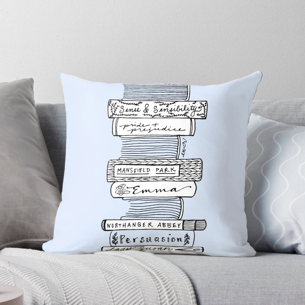 A black and white sketch-style pillow featuring characters and scenes from the works of Jane Austen.