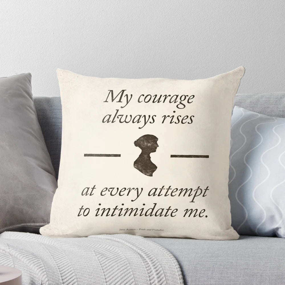 Jane Austen's 'Pride and Prejudice' literary quote printed on a black and white pillow for book lovers and home decor