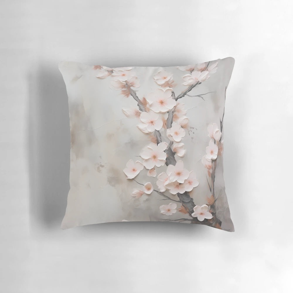 Japandi style pillow with subtle, painterly cherry blossom blooms