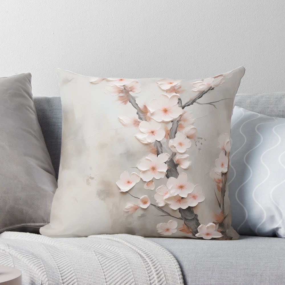 Japandi style pillow with subtle, painterly cherry blossom blooms