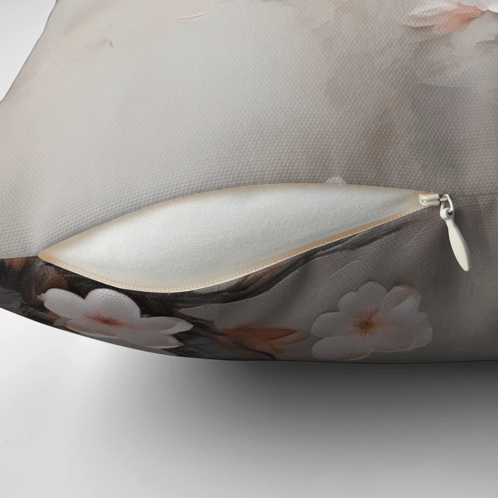 Japandi style pillow with subtle, painterly cherry blossom blooms