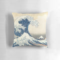 Decorative pillow featuring the iconic "Great Wave Off Kanagawa" woodblock print by the renowned Japanese artist Katsushika Hokusai.