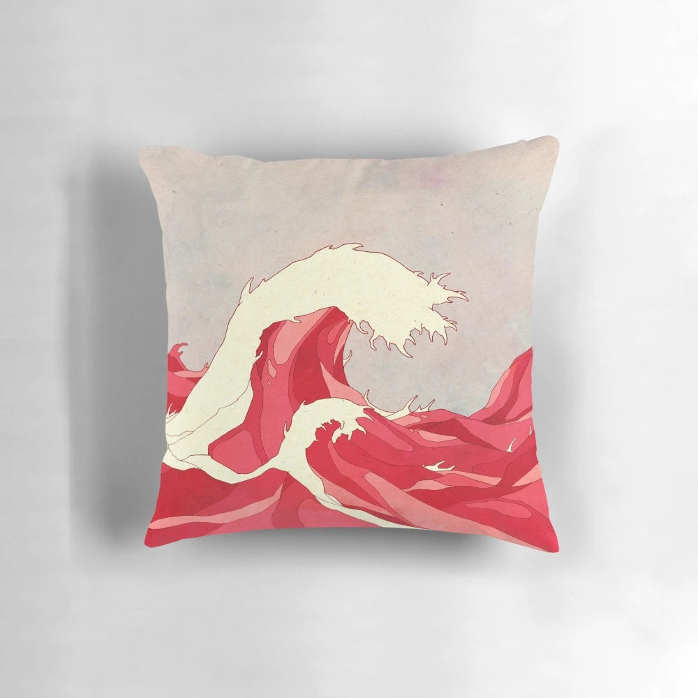 A vibrant red and white Japanese-inspired graphic pillow featuring flowing waves, symbolizing the balance of life.