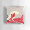 A vibrant red and white Japanese-inspired graphic pillow featuring flowing waves, symbolizing the balance of life.