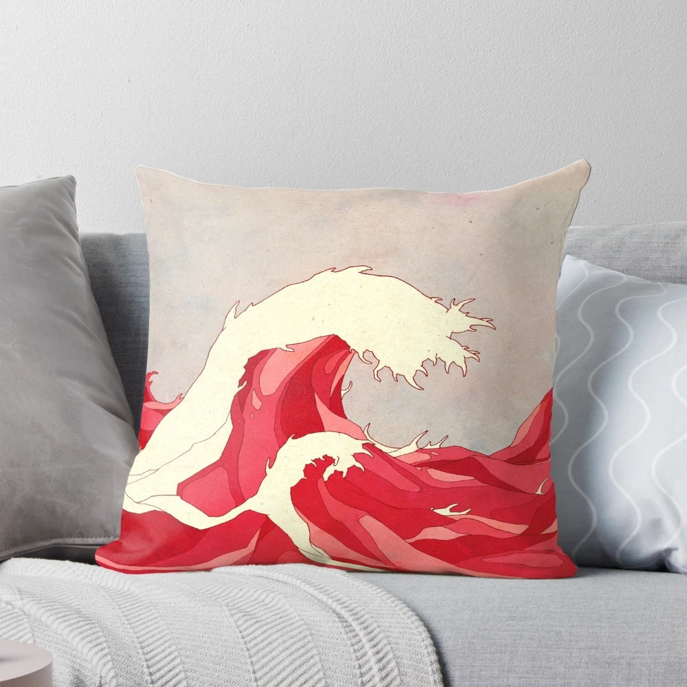 A vibrant red and white Japanese-inspired graphic pillow featuring flowing waves, symbolizing the balance of life.