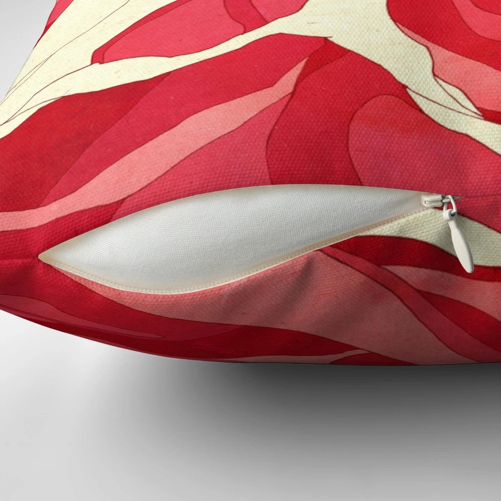 A vibrant red and white Japanese-inspired graphic pillow featuring flowing waves, symbolizing the balance of life.
