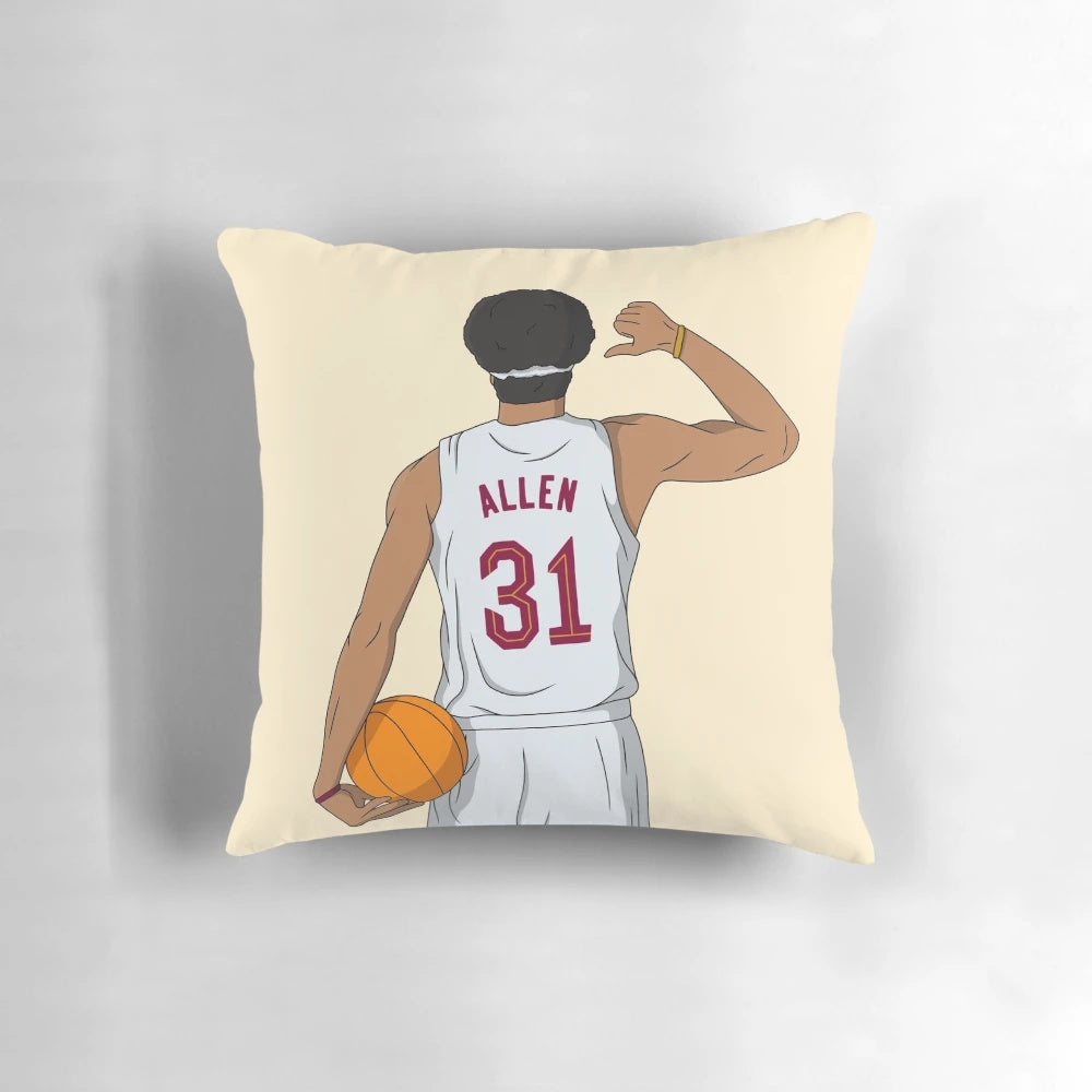 Jarrett Allen, Cleveland Cavaliers NBA player, on a custom basketball-themed pillow