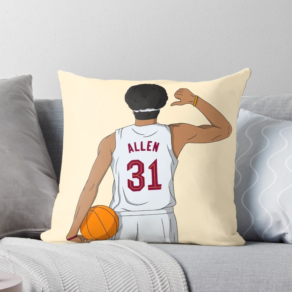 Jarrett Allen, Cleveland Cavaliers NBA player, on a custom basketball-themed pillow
