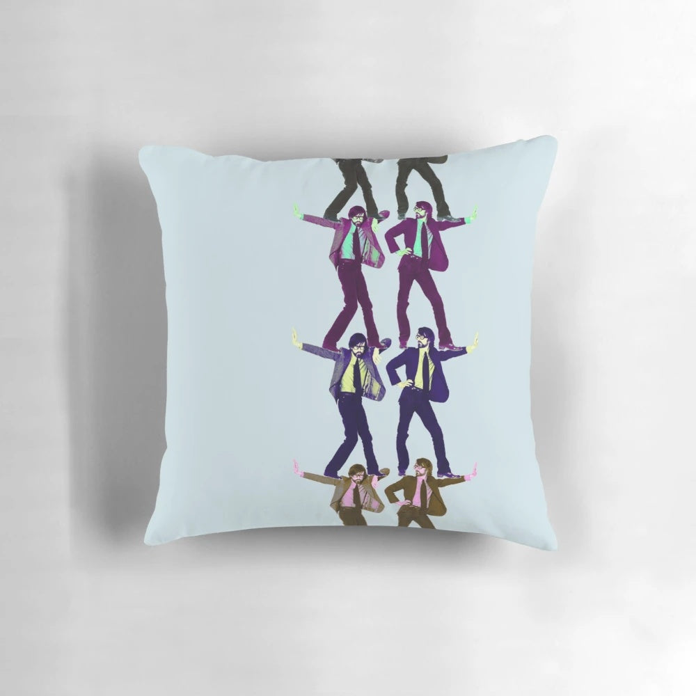 A stylized pillow featuring Jarvis Cocker, the frontman of the popular 90s Brit pop band Pulp.